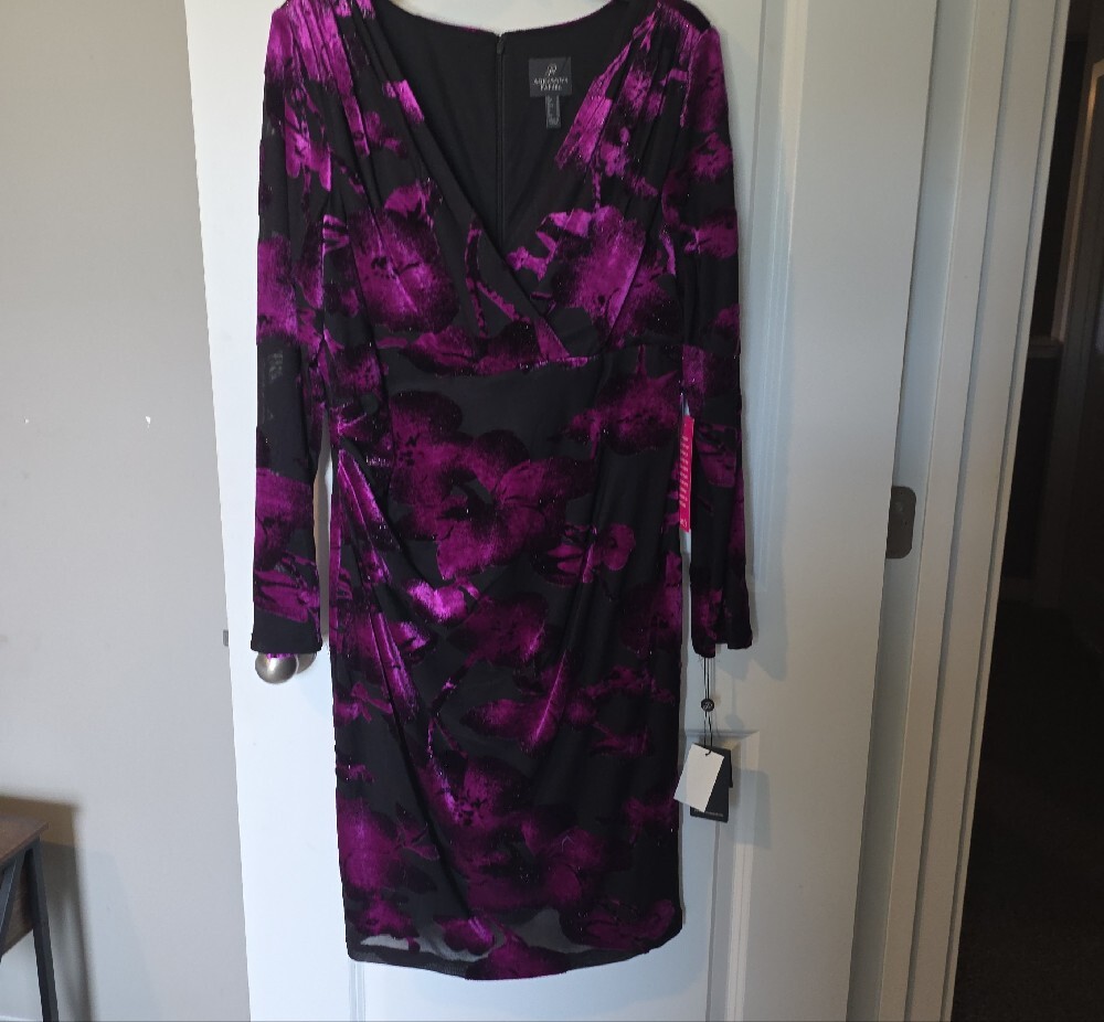Adrianna Papell Black and Purple Floral Wrap-Style Long Sleeve Dress - Picture 6 of 13